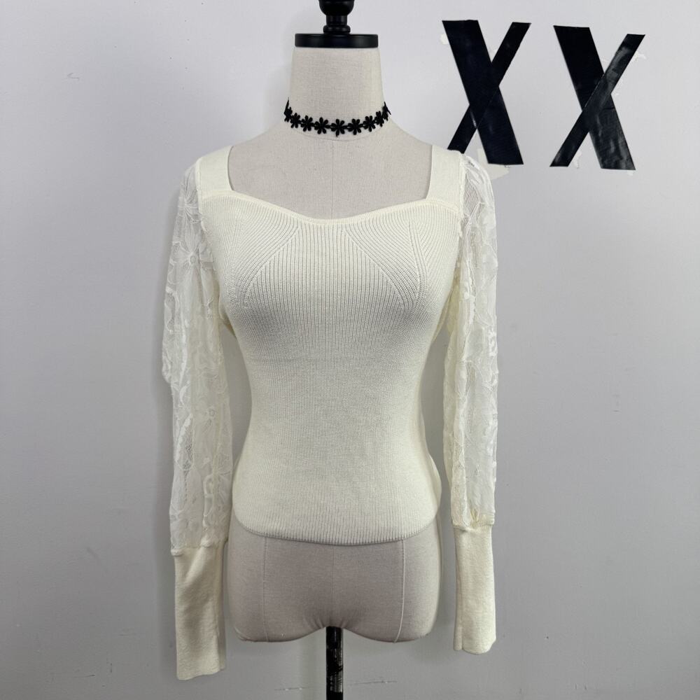 Anthropologie Ivory Ribbed Knit Sweater Floral Lace Sleeve Romantic Indie XS